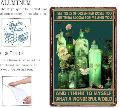 Vista 5 de Letreros de metal vintage con texto en inglés "I See Trees Of Green Red Roses Too I See Them Bloom For Me And You And I Think To Myself What A
