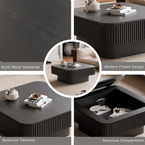 Vista 4 de Mesa de café cuadrada pequeña con almacenamiento, mesa de café moderna de madera con chapa de madera maciza, mesa central estriada