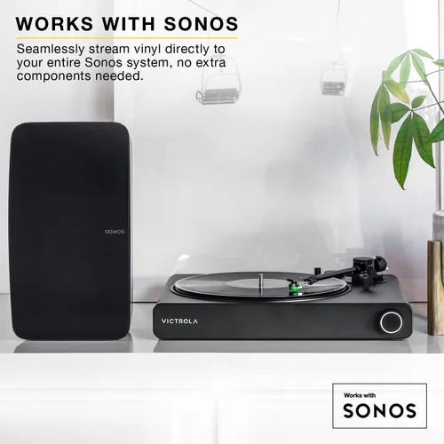 Vista 3 de Victrola Stream Onyx - Tocadiscos con transmisión Wi-Fi de 2 velocidades con salida Bluetooth, funciona con Sonos y Victrola Tempo – Altavoces