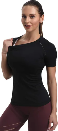 Vista 4 de RUNNING GIRL Camisas de entrenamiento sin costuras para mujer, camisetas de manga corta con cuello redondo, camisetas de yoga elásticas
