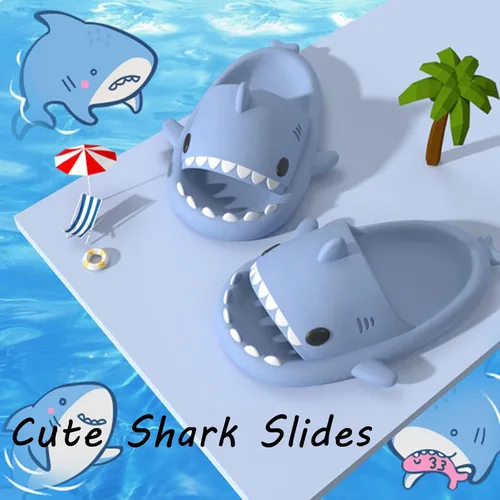 Vista 2 de sharllen Sandalias de tiburón para mujeres y hombres, lindas sandalias de caricatura antideslizantes con puntera abierta, sandalias de verano