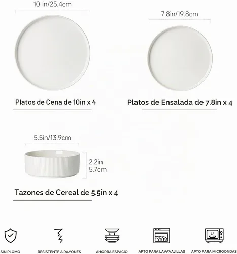 Vista 3 de Stoneware Dinnerware Sets for 4, 12Pcs Plates and Bowls Set, Cream White