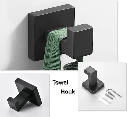 Vista 6 de Juego de accesorios de baño negro de 4 piezas, barra de toalla/soporte de papel higiénico/soporte para toallas de mano/gancho de toalla, montado