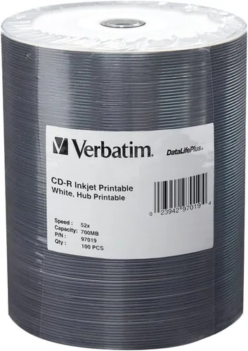 Vista 10 de Verbatim CD-R 700MB 52X DataLifePlus White Inkjet imprimible, Hub imprimible - 50pk Husillo - 94755