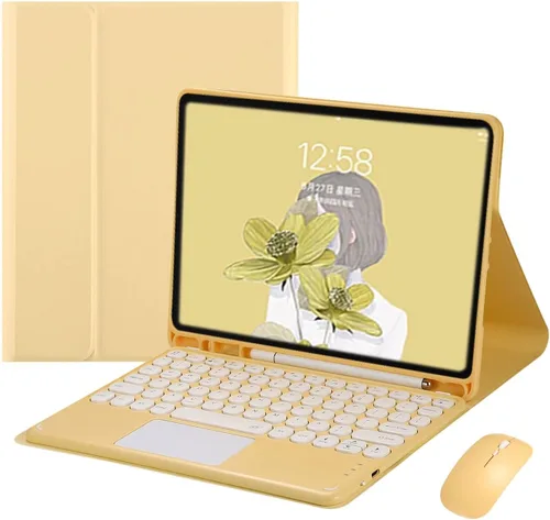 Vista 20 de Funda de teclado con panel táctil para iPad 6 iPad 5 Air 2 Pro de 9.7 pulgadas con teclado táctil retro de teclas redondas con ratón, teclado