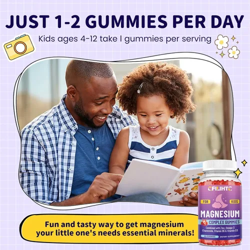 Vista 7 de Gomitas de magnesio y glicinato de magnesio para niños, suplemento con zinc, manzanilla, omega-3, vitamina B6, D3, para dormir, relajación, cerebro