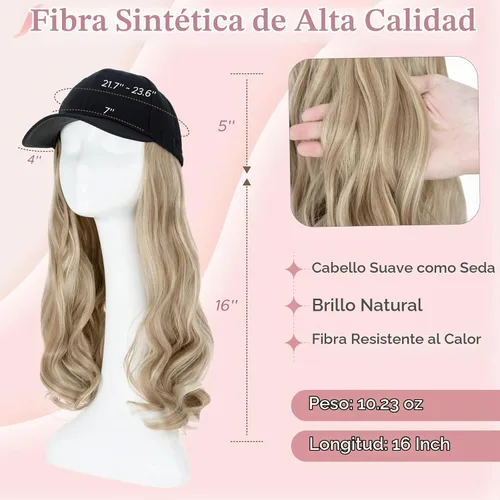 Vista 3 de SEGO - Peluca de gorra con pelo adjunto para mujer, gorra negra de béisbol con extensiones de pelo, gorra de béisbol larga y ondulada con ajuste