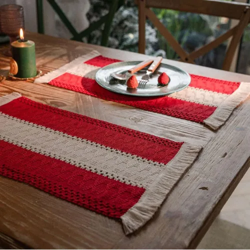 Vista 3 de Juego de 4 manteles individuales de mezcla de lino y algodón con borlas, estilo bohemio, macramé, Navidad, Acción de Gracias, rústico, para regalo