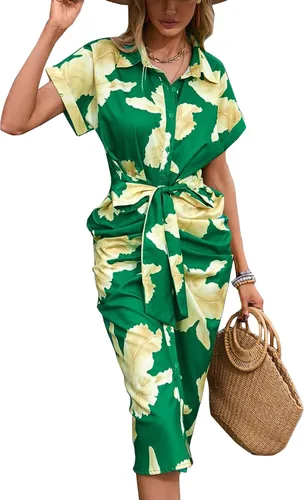Vista 3 de LYANER Vestido midi ajustado de manga corta con cuello y botones y estampado floral para mujer
