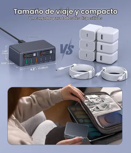 Vista 9 de Bloque de cargador USB C retráctil 8 en 1, concentrador de estación de carga múltiple GaN de 120 W con cable de iluminación y tipo C, enchufe