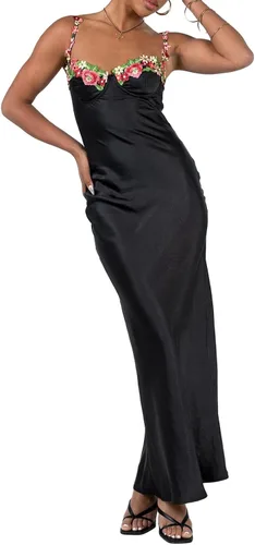 Vista 2 de Vestido largo ajustado elegante de verano para mujer, diseño de flores vintage, tirantes delgados, vestidos largos de satén para fiesta y club
