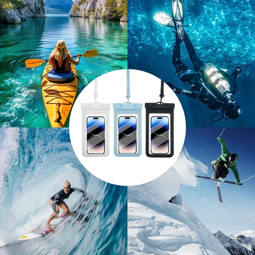 Vista 7 de Bolsa impermeable para teléfono móvil, color azul, adecuada para varios modelos de iPhone, excelente calidad sin afectar el control táctil