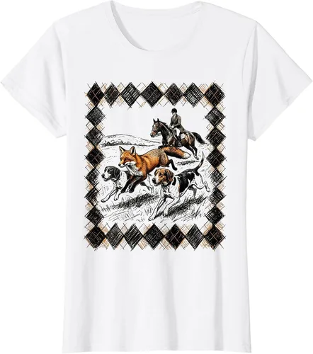 Vista 12 de Preppy Argyle Fox Hunt Illustrated Graphic T-Shirt White
