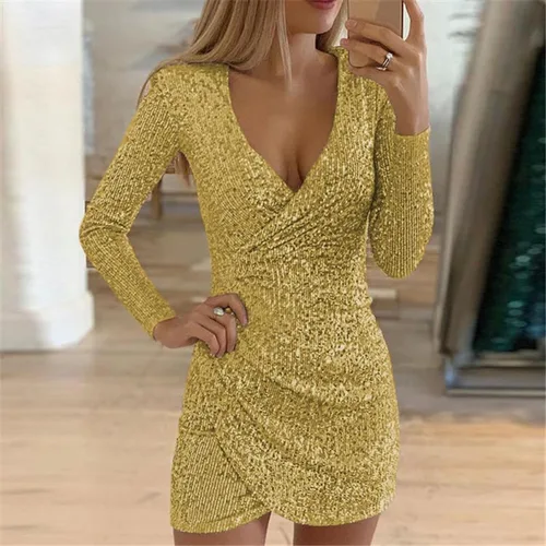 Vista 6 de CROSSBABY Vestido casual de manga corta para mujer, sexy, cuello en V, asimétrico, dobladillo escalonado, lentejuelas brillantes, delgado, elegante