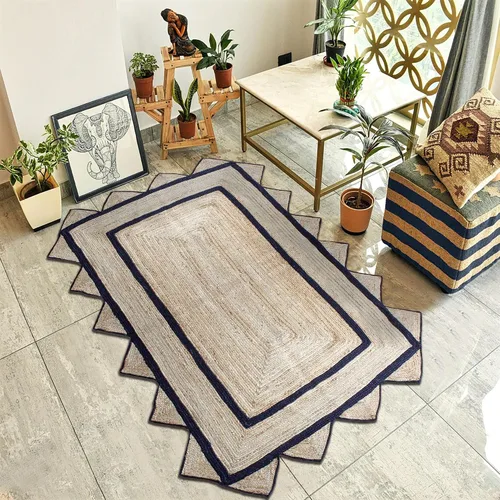 Vista 2 de Alfombra de borde festoneado, alfombra tejida a mano de yute natural, 2 x 3 pies, color beige y negro, alfombra de sisal trenzada Kilim para sala