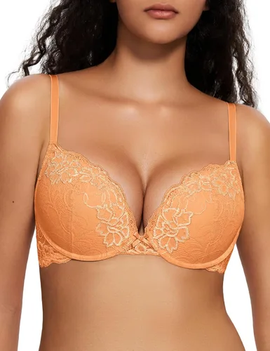 Vista 11 de Deyllo - Brasier de encaje para mujer con efecto de realce de busto, cómodo, con relleno, aros, levanta y añade una copa a tu busto Ámbar dorado