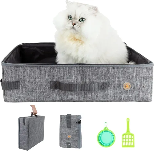 Vista 14 de Arenero portátil de viaje para gatos con tapa para contener arena y olor. Fácil de transportar, limpiar y almacenar. Ideal para viajes en auto