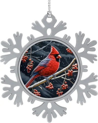 Vista 12 de El cardenal rojo se sienta en una rama de pino en el invierno, adornos de Navidad de copo de nieve de metal, patrón de pájaro cardenal, regalo