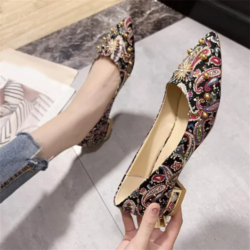 Vista 3 de Zapatos planos de ballet para mujer a la moda con diamantes de imitación de perla y punta puntiaguda, estilo retro, bordado cómodo, formal