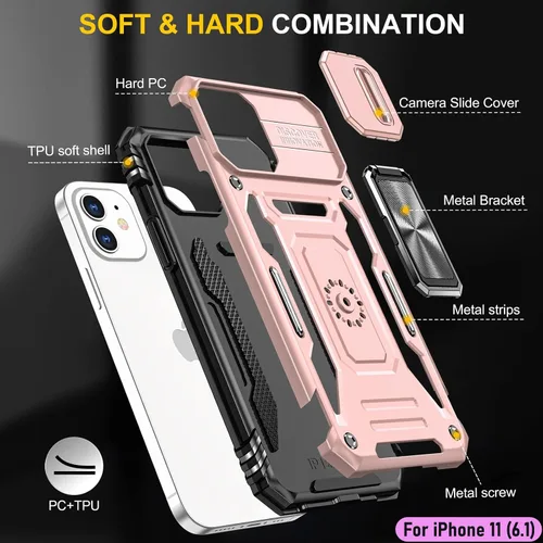 Vista 3 de Funda resistente para Apple iPhone 11, protección híbrida de goma de doble capa de grado militar con protector de cámara deslizante, soporte Oro Rosa