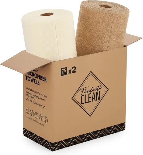 Vista 25 de Fantasticlean - Rollo de paño de limpieza de microfibra, 75 hojas, 12 x 12 pulgadas (beige) Super Absorbent, Lint-free, Tear-away Microfiber Towel