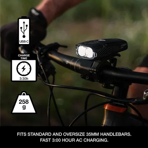 Vista 2 de NiteRider Lumina Dual 2000 Lumen USB-C recargable dual LED luz delantera para bicicleta – 7 modos potentes lúmenes IP64 impermeable faro