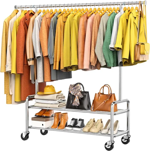 Vista 9 de Perchero de ropa resistente con carga de 520 libras, perchero ajustable con ruedas resistentes, percheros industriales de metal para colgar ropa