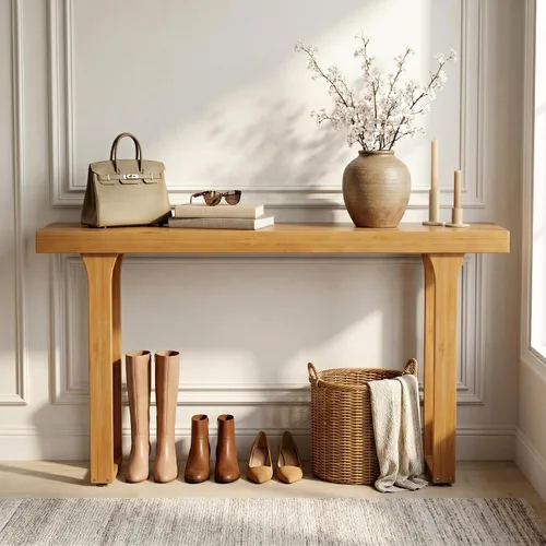Vista 12 de Mesa de consola estrecha de bambú de 47.2" (120 cm), mesa auxiliar de madera estilo granja, mesa rectangular de entrada, mesa de sofá moderna detrás