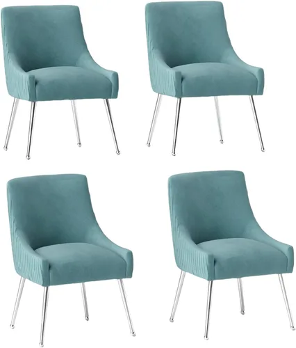 Vista 21 de Sillas de comedor de estilo moderno de terciopelo tapizado, silla de acento de tocador con barra vertical, silla capitonada con patas plateadas
