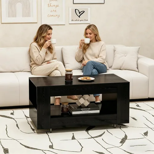 Vista 3 de Mesa de centro de grano de madera con estante abierto, mesa de cóctel moderna de alto brillo para sala de estar, dormitorio, oficina