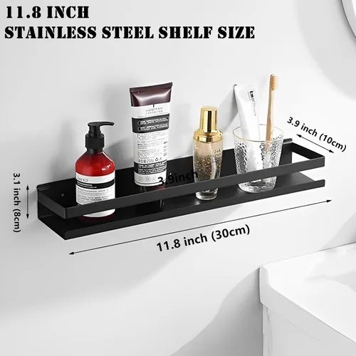 Vista 2 de Estantes flotantes montados en la pared, estante de baño de acero inoxidable inoxidable, estante de especias de cocina sin clavos negro, organizador