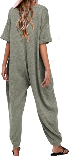 Vista 2 de Nirovien Women's Solid Color V Neck Jumpsuits Half Sleeve Long Rompers Beam Foot Baggy Overalls Pants