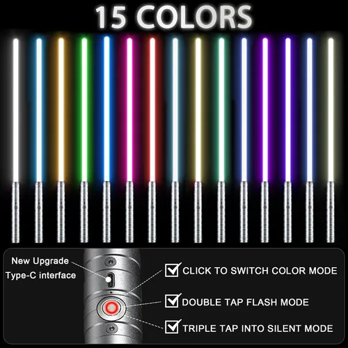 Vista 14 de Sable de luz 2 en 1 con mango de aleación de duelo, 15 colores RGB con 4 modos, 6 efectos de sonido, sable de luz desmontable recargable por USB