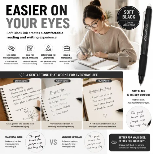 Vista 4 de Volcanics Retractable Erasable Gel Pens, Soft Black, 0.7mm, 12 Pack Negro