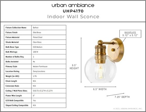 Vista 3 de Urban Ambiance Aplique de pared vintage de lujo, tamaño pequeño: 9.5 pulgadas de alto x 6.5 pulgadas de ancho, con elementos de estilo americano