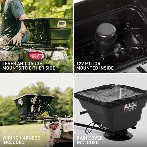 Vista 4 de Titan Attachments Esparcidor de transmisión ATV/UTV de 12 voltios, capacidad de 80 libras, montaje trasero o frontal para ATV, UTV o tractor