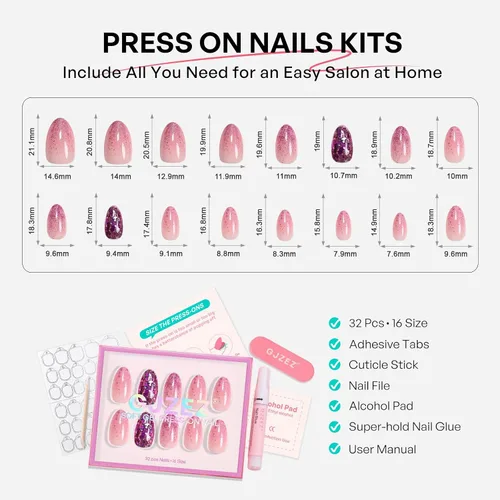 Vista 6 de Uñas cortas a presión de almendra, uñas con purpurina rosa degradado 3H-rosa con purpurina