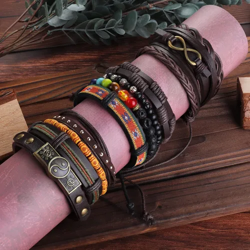 Vista 6 de FASACCO 31 pulseras de cuero trenzado para hombres y mujeres cuerdas de cáñamo tejidas cuerda étnica pulseras de cuentas de madera pulsera ajustable