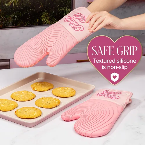 Vista 5 de Paris Hilton Juego de manoplas para horno con diseño icónico de That's HOT, agarraderas resistentes al calor con agarres de silicona texturizada
