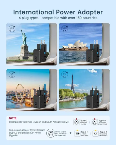 Vista 4 de BEONDON Adaptador de viaje universal, cargador USB-C de 25 W, enchufes de negro (Black-25)