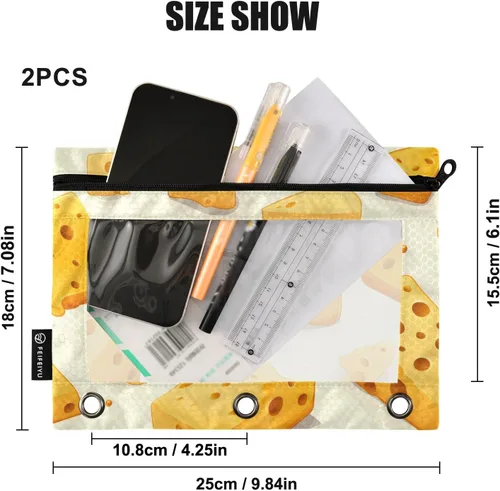 Vista 3 de Estuche para lápices de queso para carpeta de 3 anillas, estuche para lápices, bolsa de cosméticos con ventana transparente con cremallera
