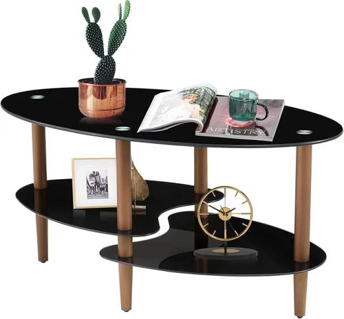 Vista 5 de YISUYA Mesa de centro de cristal, mesa de centro de vidrio ovalada negra, mesa de centro de vidrio transparente, mesa moderna, mesa de té de patas