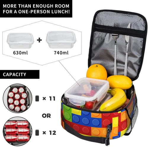 Vista 4 de SARA NELL Bolsa de almuerzo aislada colorida con bloques de construcción de bloques de almuerzo para mujeres, hombres, adolescentes, niños, bolsa
