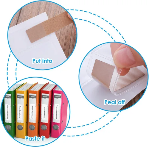 Vista 4 de Thinp 120 bolsillos autoadhesivos, etiquetas transparentes para carpetas de archivos de 1 x 3 pulgadas, bolsillos adhesivos transparentes con parte