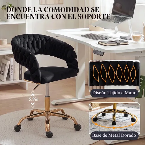 Vista 4 de NIOIIKIT Silla tejida para oficina en casa, silla giratoria de terciopelo Negro