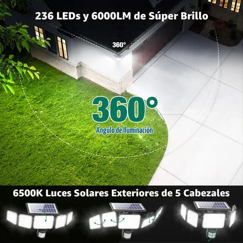 Vista 2 de Luces solares para exteriores, 4000LM con 5 cabezas, sensor de movimiento, 236 LEDs, 3 modos, luces de pared de seguridad IP65 impermeables, luces