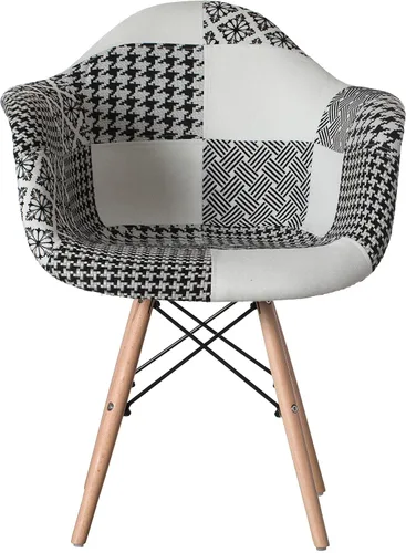 Vista 4 de Mid-Century - Juego de 2 sillas de tela moderna con brazos para sala de estar, patas de madera de haya, color blanco y negro