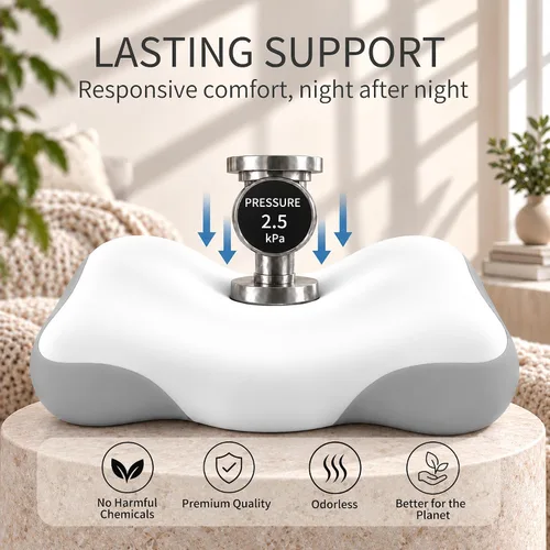 Vista 7 de Almohada cervical para el cuello, diseño ergonómico de espuma Para dormir de lado, espalda y estómago, soporte de cuello contorneado, funda de Gris
