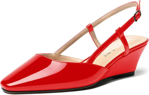 Vista 19 de MERRORI Zapatos de tacón bajo de cuña con hebilla y punta cuadrada para mujer, de patente sólida, de 2 pulgadas Beige