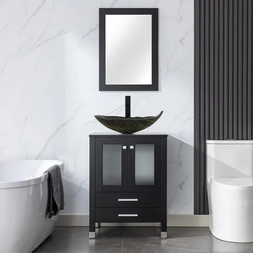 Vista 32 de LUCKWIND Combinación de tocador de baño de 24 pulgadas con lavabo, serie elegante con marco pintado, armario de almacenamiento de baño de dos